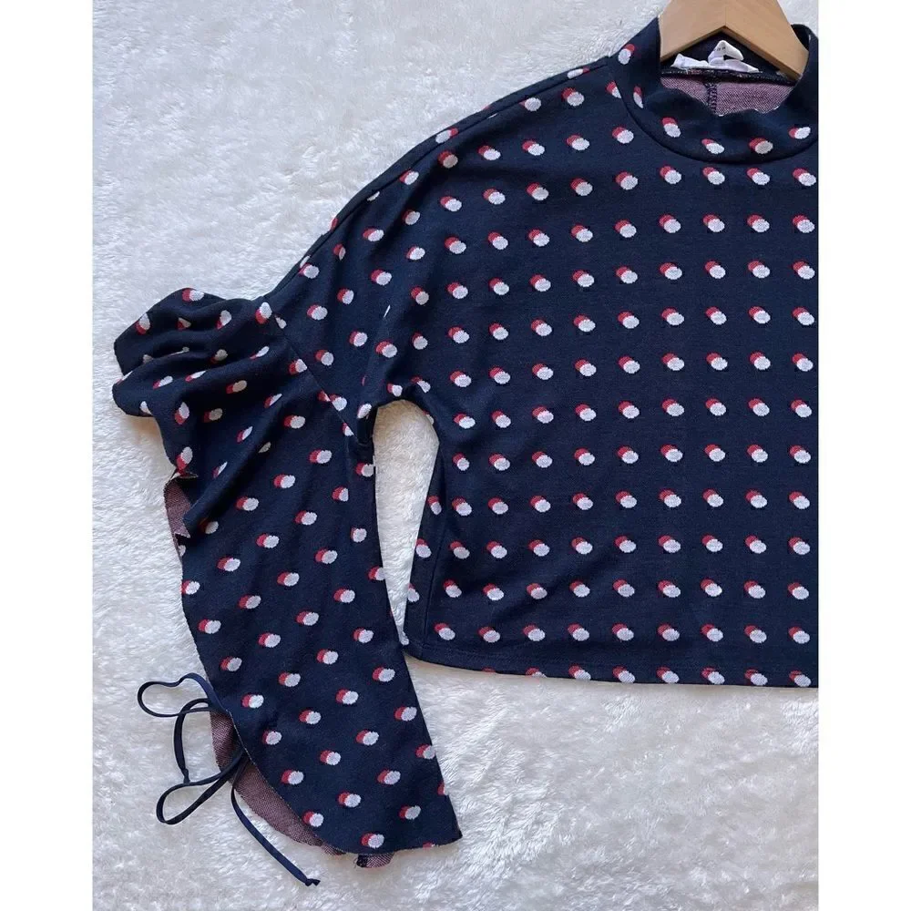 BCBGeneration Blue, Red & White Polka Dot Flutter Sleeves Mock Neck Crop Top